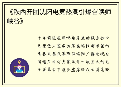 《铁西开团沈阳电竞热潮引爆召唤师峡谷》