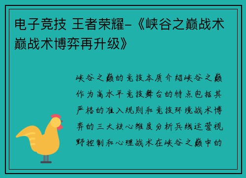 电子竞技 王者荣耀-《峡谷之巅战术巅战术博弈再升级》